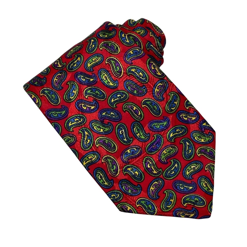 Vtg VALENTINO Giovanni Beverly Hills Tie Silk Italy Red Paisley‎ Feathers